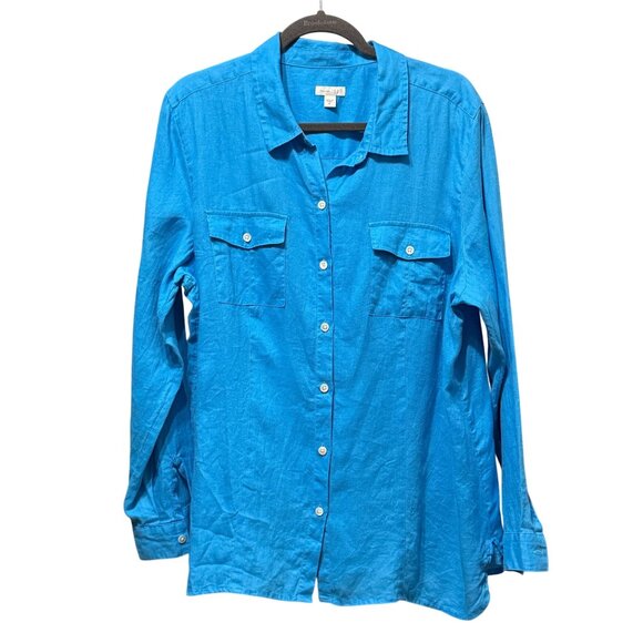 J. Jill Love Linen size XL 100% linen turquoise button front long sleeve  blouse - Picture 1 of 6